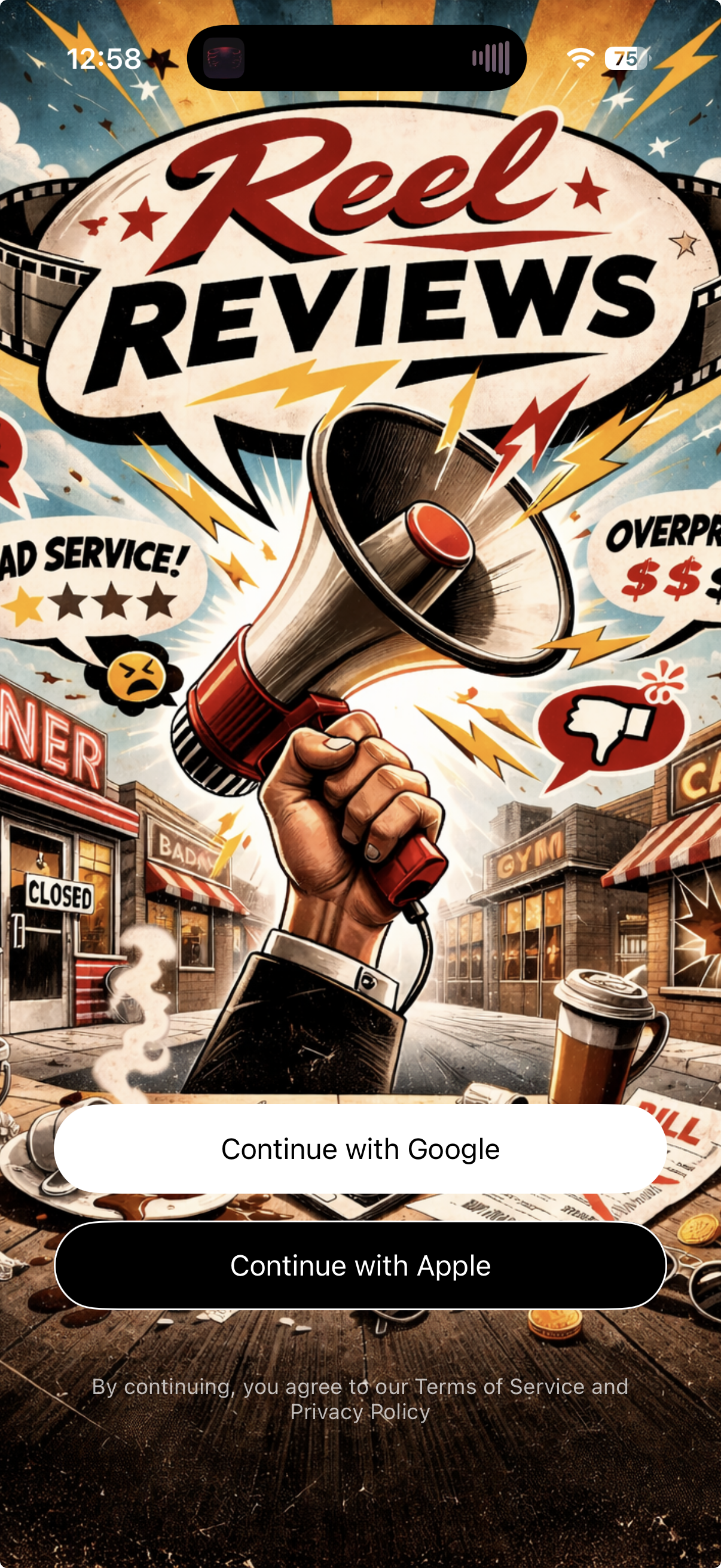 Reel Reviews mobile app interface showing a map with negative review markers