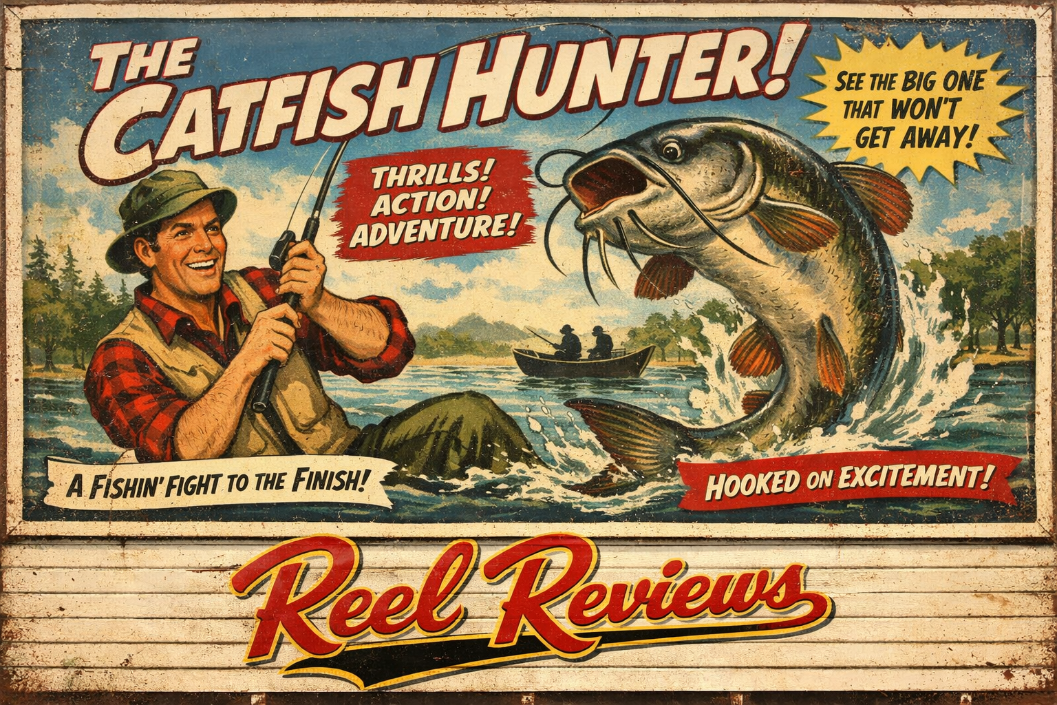 Reel Reviews vintage fishing comic poster: A retro-style advertisement showing a fisherman catching restaurants with fake reviews